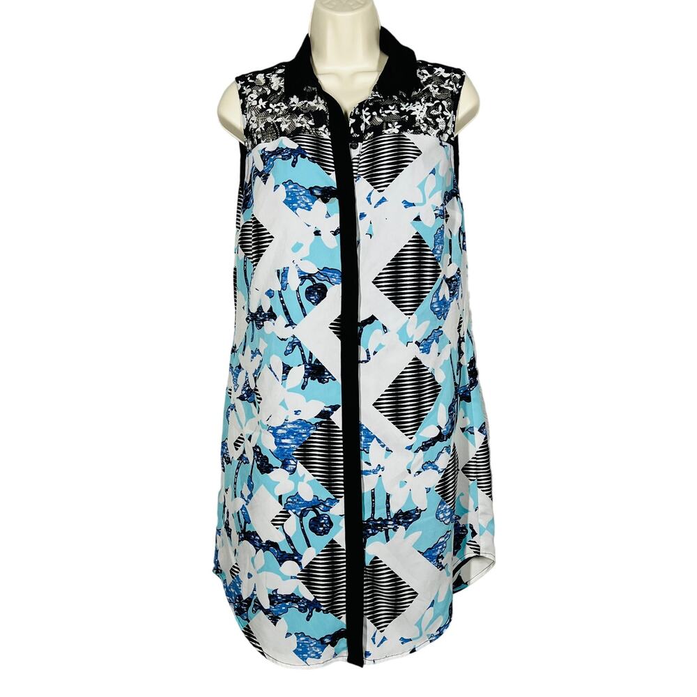 Peter Pilotto x Target Mixed Print Shirt Dress Sleeveless Mod Black Teal - M